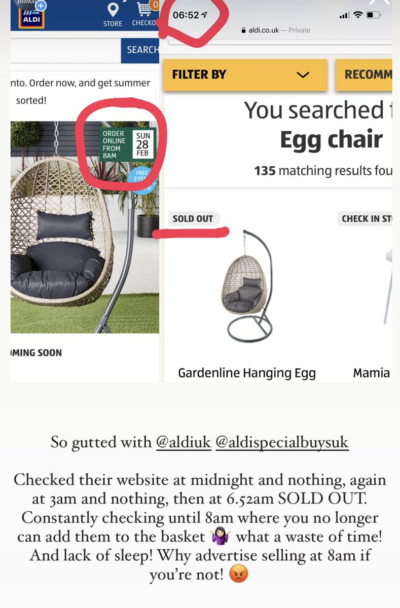 @AldiUK how can you advertise selling something at 8am but then sell out before then?!  #aldieggchair #eggchair #falseadvertising #hangingeggchair