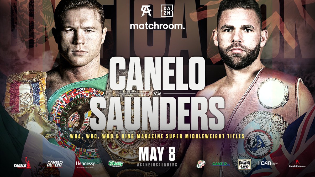 MatchroomBoxing's tweet photo. If you missed the news overnight... 👀

@Canelo vs @bjsaunders_ 🔥

👑 WBA Super
👑 WBC
👑 WBO
👑 Ring Magazine 

Super-Middleweight Unification 💥

🗓️ May 8

#CaneloSaunders https://t.co/YzvK0YrxXM
