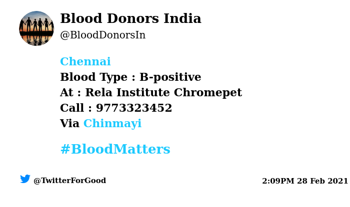 BloodDonorsIn's tweet photo. #Chennai
Need #Blood Type :  B-positive
At : Rela Institute Chromepet
Blood Component : Blood
Number of Units : 22
Primary Number : 9773323452
Illness : Liver Transplant 
Via: @Chinmayi 
#BloodMatters
Powered by Twitter https://t.co/dVr0HOceoK