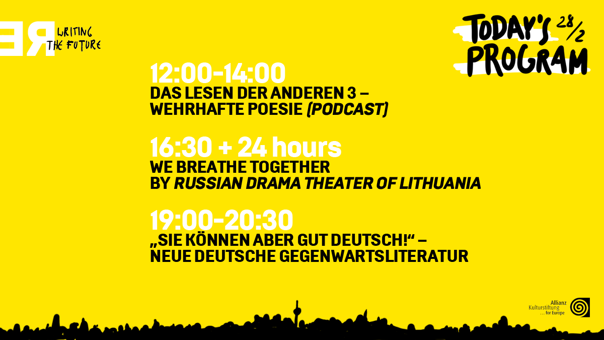 allianzfdn's tweet photo. Today's schedule of Re:Writing the Future Festival!

›› More info on https://t.co/5aXC0wdD2w

If you'd like to join the discussion: Post or tweet, using the hashtags #rwrtf #rewritingthefuture.

@ICORN_ORG @gorkitheater @DAAD_Artists @SenKultEu https://t.co/x1iQaG6Y5K