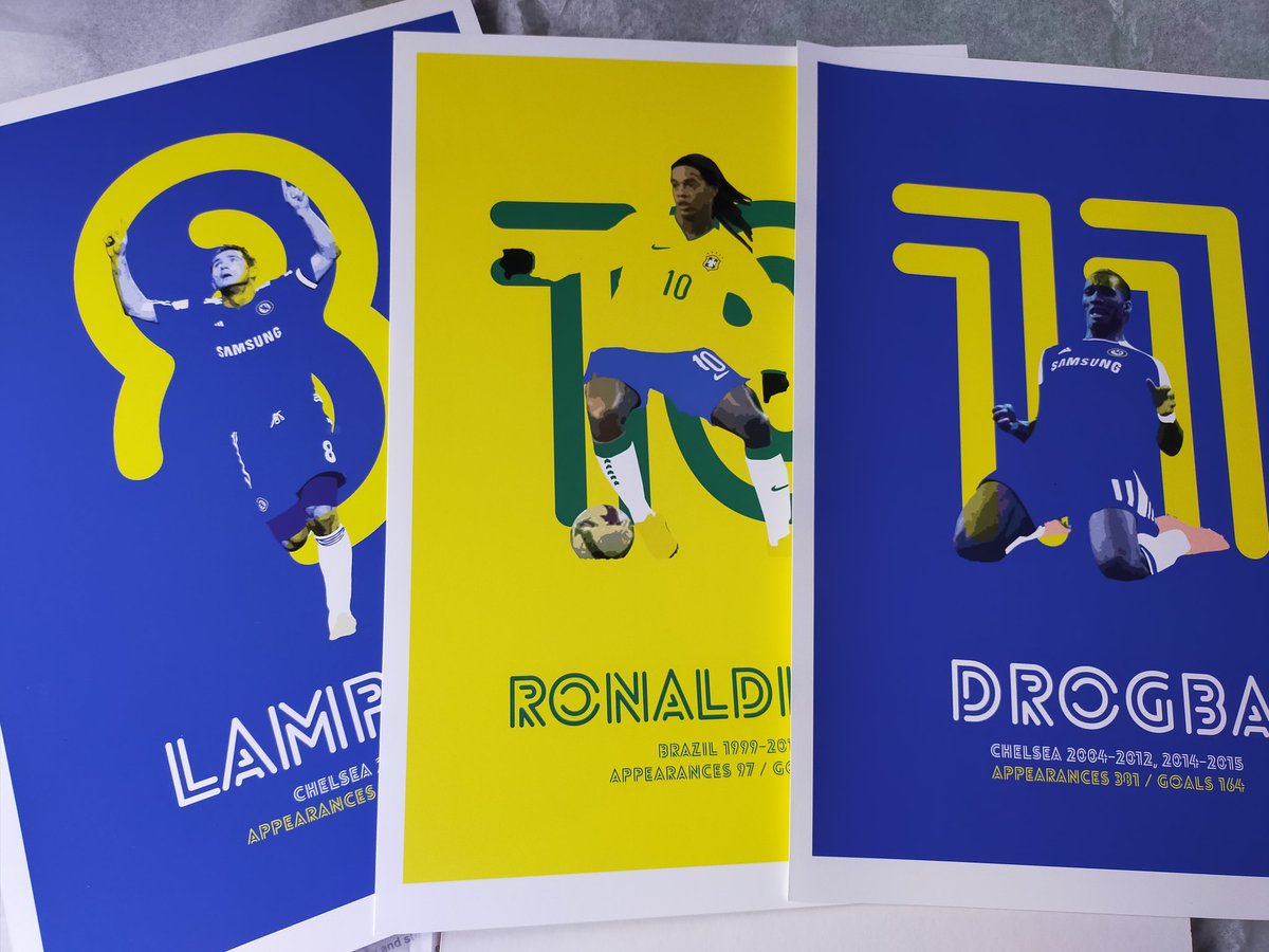 New prints off to New homes, 
I hope they settle in well &amp; look as pretty on the wall as they do on my living room floor 😂👌
<a href="/Cristiano/">Cristiano Ronaldo</a> <a href="/kierantierney/">Kieran Tierney</a>
<a href="/didierdrogba/">Didier Drogba</a>
#design #print #ronaldo #tierney #ronaldinho #drogba #lampard #manunited #brazil #arsenal #chelsea #footballprints