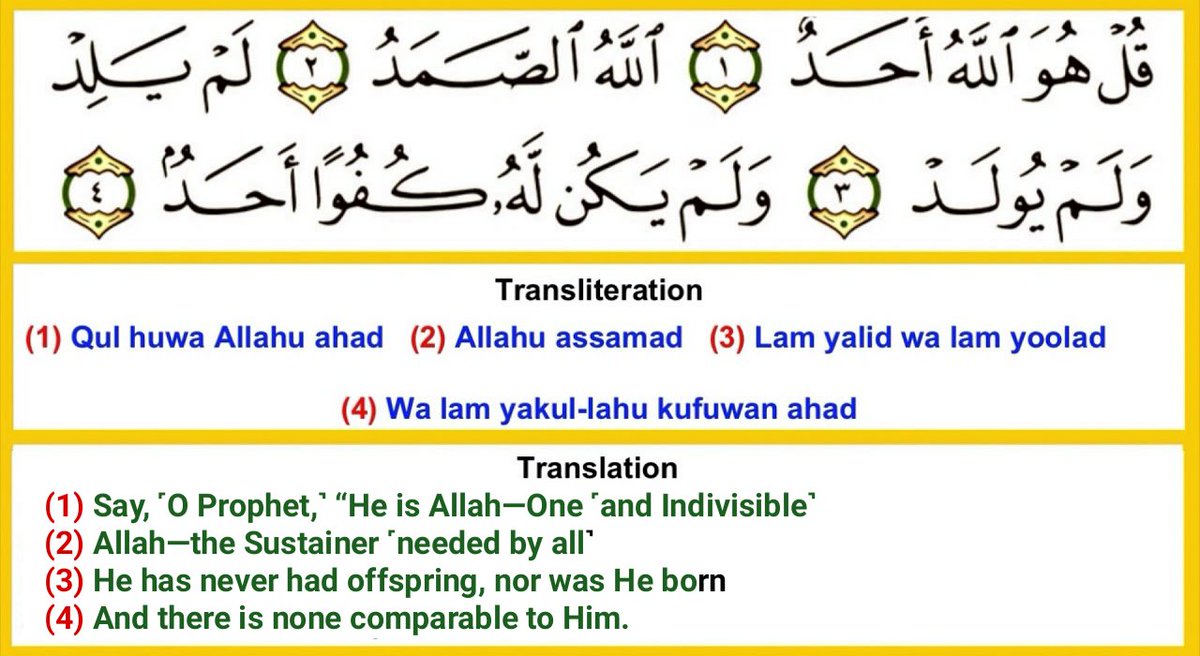 IslamAndLyfe's tweet photo. The Prophet (SAW) said to his companions: “Is any one of you unable to recite one-third of the Qur’an in one night?” They said, “How could anyone read one-third of the Qur’an?” He said: Surah Ikhlas “is equivalent to one-third of the Qur’an” [Muslim, 811]. #quran #surah #islam https://t.co/Ol4x00nSxa