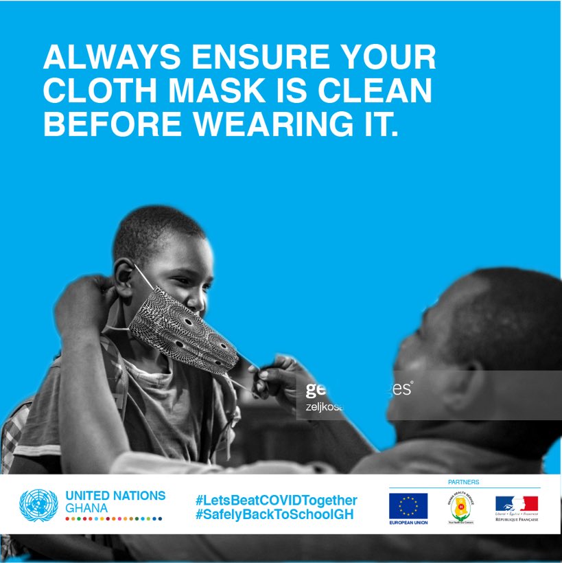 UnescoGhana's tweet photo. Wash your cloth mask as often as you use it with soap and warm water, then hang it by the straps to dry in the sun. To prevent the spread of #COVID19, it is necessary to wear a clean mask all the time.
#SafelyBackToSchoolGH
#LetsBeatCOVIDTogether https://t.co/5OAooR9SaB