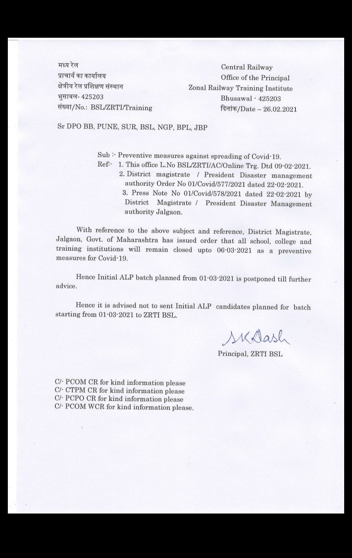 AkashJa89757824's tweet photo. @JalgaonDM @BhopalDivision @CMOMaharashtra @drmjabalpur Res, Sir, kindly allow ZRTI Bhusawal to operate on minimum capacity to start our ALP training from 6 March which got postponed due to lockdown imposed.We are facing financial crisis.kindly help us,we will be thankful to you. https://t.co/Bb15m2nqCW