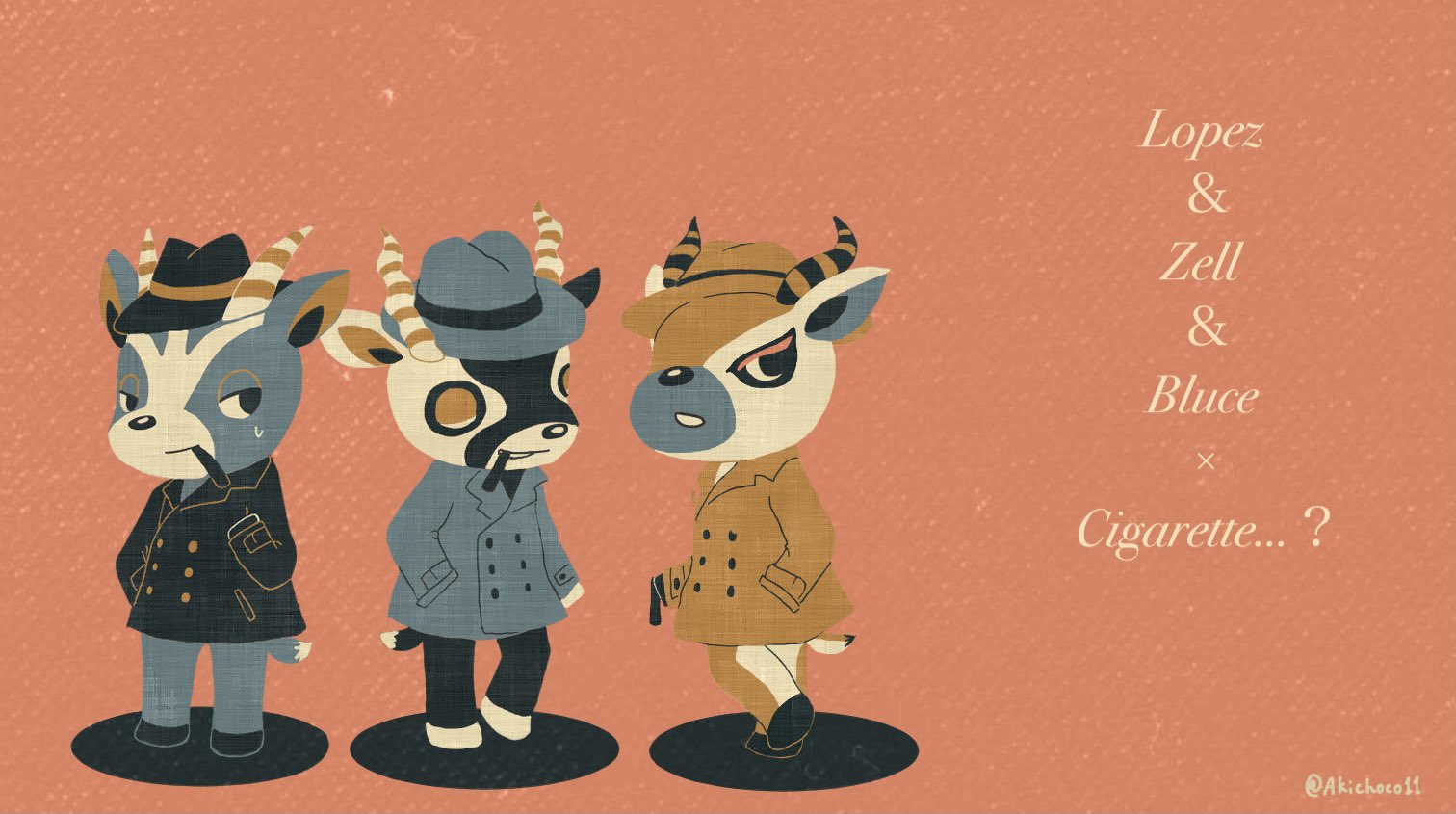 アキ𓎡𓍯 前のネルソンとブルース絵にトムソンも一緒にとアイデア頂いたので 相変わらず持ってるのは葉巻みたいなチョコです 3人で中折ハットとピーコートでオシャレしてほしい あつ森イラスト あつ森美術部 Acnh あつまれどうぶつの森