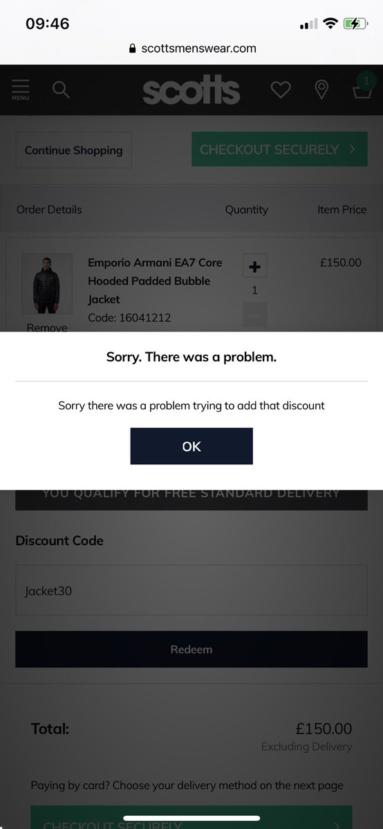 JCrain14's tweet photo. @scottsmenswear It’s not letting me add the Jacket30 discount? https://t.co/EM7yIZzzSc
