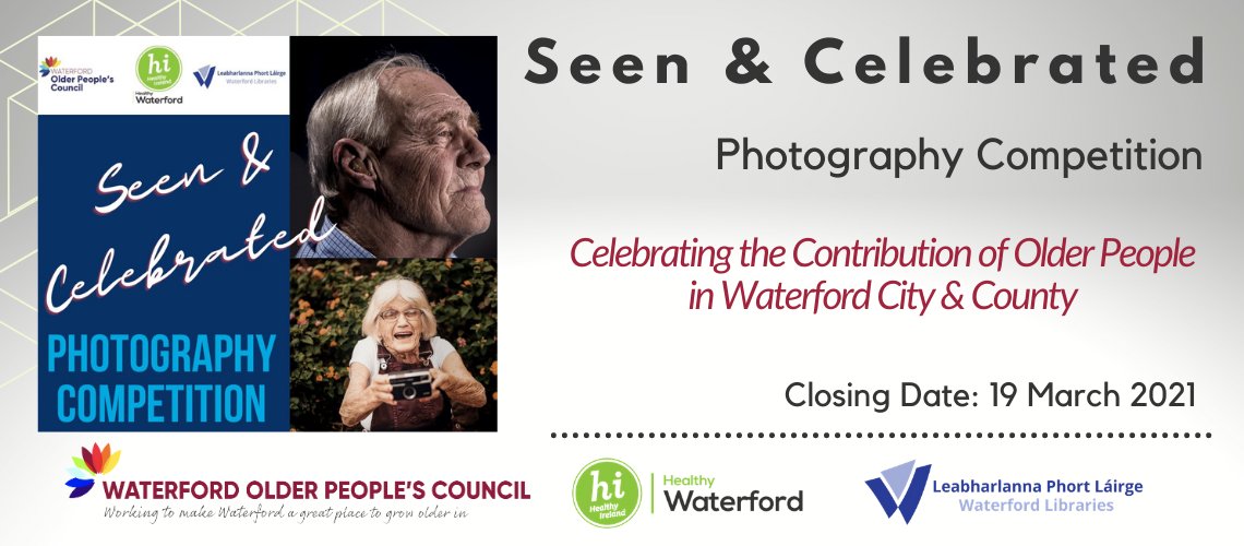 Seen and Celebrated – Photography Competition 
 #keepwell

Have a go at our photography competition to celebrate the contribution of older people in #Waterford City and County. 

Details at: waterfordlibraries.ie/seen-and-celeb…