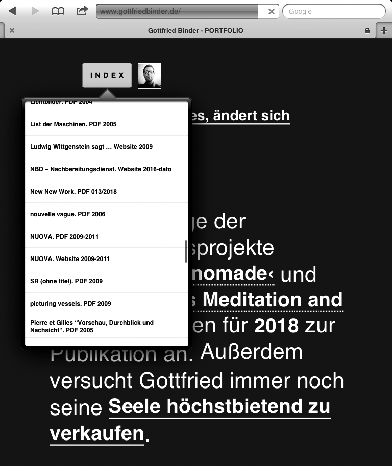 gottfriedbinder's tweet photo. @raxhenley Waren eh keine "richtige" Seiten, nur Text und Bilder. 

Und im PDF-Layout hab ich einfach mehr Kontrolle als mit CSS. Es gibt aber noch die einzelnen Unter- und Projektseiten, die bleiben. 

Ging mir einfach darum, es Aussen einfach und Innen komplex zu belassen. KISS https://t.co/lxMzAeEC7B