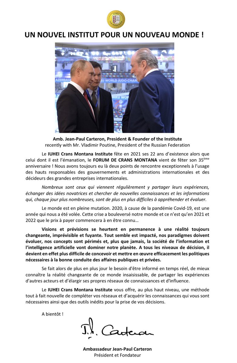AmbJPCarteron's tweet photo. Le #NewReset est l’illusion de ceux qui n’ont rien compris... 

Seul ⁦@CransMontanaF⁩ prend concrètement en compte le #NouveauMonde dans lequel nous entrons ! 

Tout va changer et IUHEI Crans Montana Institute vous aidera
https://t.co/U1zKlyEpK8 https://t.co/kTU8TNO45B