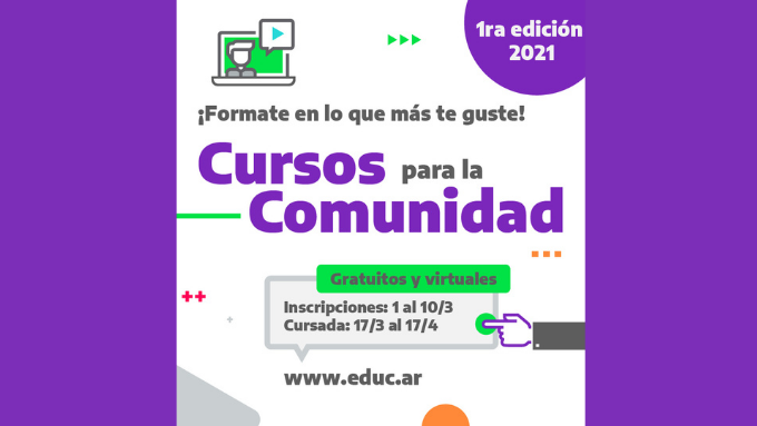 ✔Mañana lunes 1/03 comienza la 1era inscripción del año para los Cursos gratuitos y virtuales para toda la Comunidad. ¡Sumate! 👉 bit.ly/2HV2j7b🙌