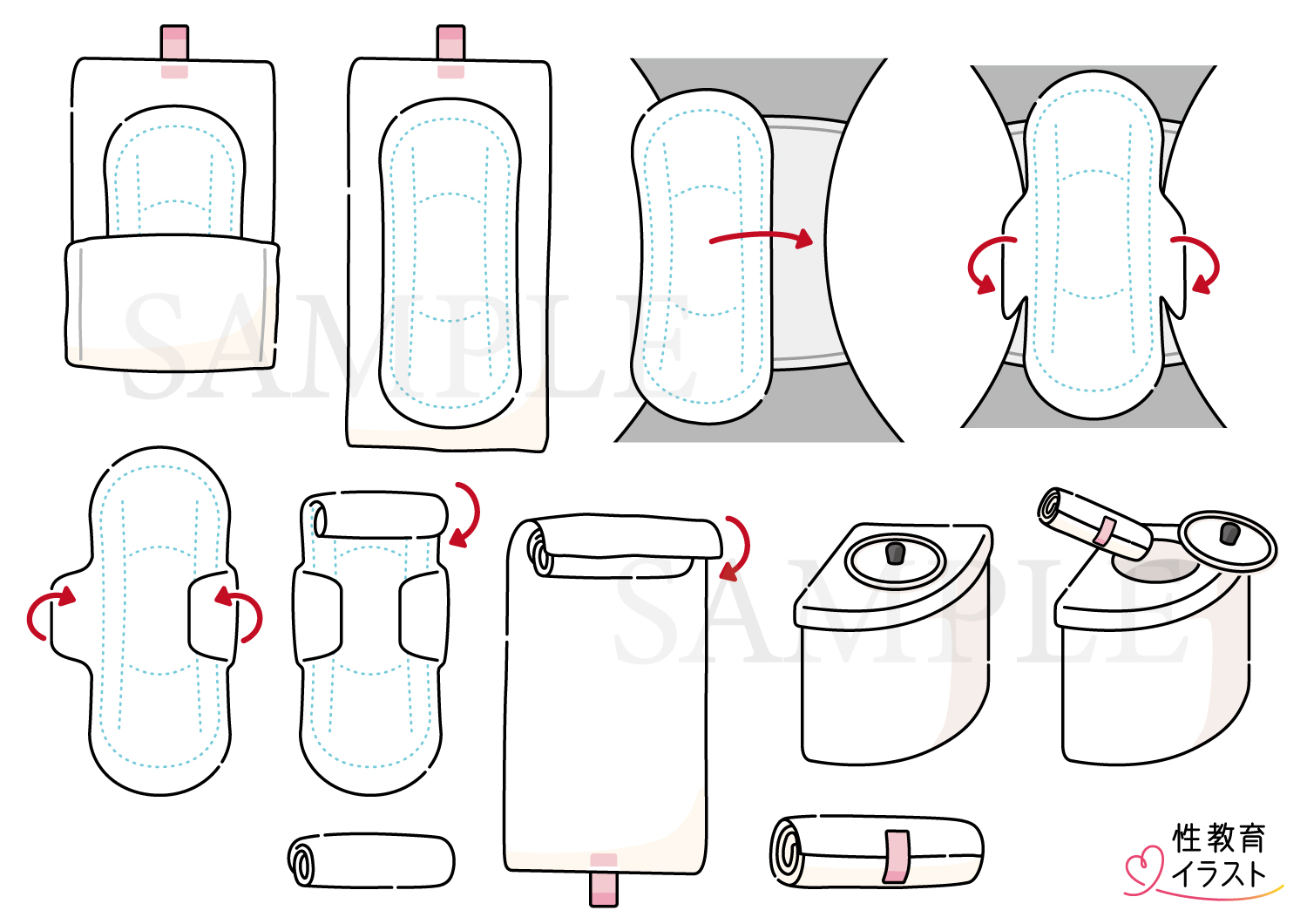 性教育いらすと 無料イラスト素材集 生理用品とナプキンの付け方と捨て方を描いています 月経カップや子宮もこれから描いていきます カテゴリー 生理 性教育イラスト