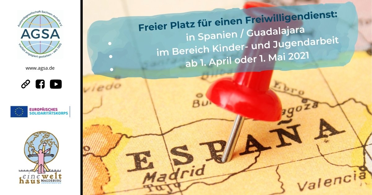 📌Bewirb dich für einen Freiwilligendienst in Spanien

🔶️Ab sofort können sich 18-30 Jährige für einen Freiwilligendienst in Spanien / Guadalajara im Bereich Kinder- und Jugendarbeit bewerben. 

📆Start ist am 1. April oder 1. Mai 2021 für 12 Monate.

➡️agsa.de/service.html?t…