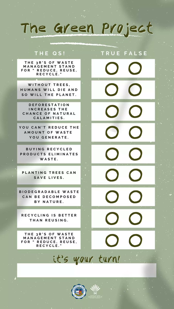 adi_shsc's tweet photo. Hey, tree-huggers! 🌳🤩
#TheGreenProject will be ending soon so make sure to send your entries for the last one! Show us you’re a true nature advocate by answering the “True or False Challenge!”
Don’t forget to tag @adi_shsc and your friends! 🥰
#AdISeniorHigh https://t.co/2ZDTe6QteI