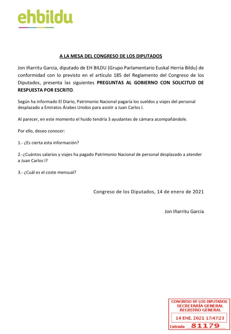 JonInarritu's tweet photo. Preguntamos al Gobierno sobre los asistentes, a sueldo de Patrimonio Nacional, que se encuentran en Emiratos Árabes dando servicio a Juan Carlos de Borbón.

Aquí la críptica respuesta, de los que se enorgullecen de #Transparencia. 

#PreguntasParlamentarias https://t.co/WXswB110Nb