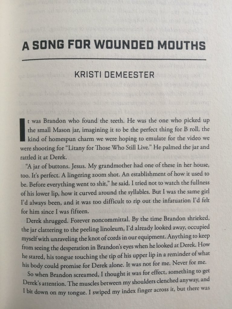 56. "A Song for Wounded Mouths" by Kristi Demeester collected in THE BEST HORROR OF THE YEAR: VOLUME TWELVE.Available online from  @Pseudopod_org https://pseudopod.org/2019/03/29/pseudopod-641-ar5-a-song-for-wounded-mouths/