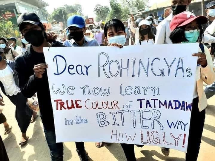 tunkhin80's tweet image. We, #Rohingya completely understand your pain. Together we will win this fight. We all are with you to get rid of military regime from #Myanmar. Our common enemy is  #MinAungHlaing. 

#Feb28Coup #myanmarmilitarycoup 
#MilkTeaAllianceMyanmar 
#WhatsHappeningInMyanmar