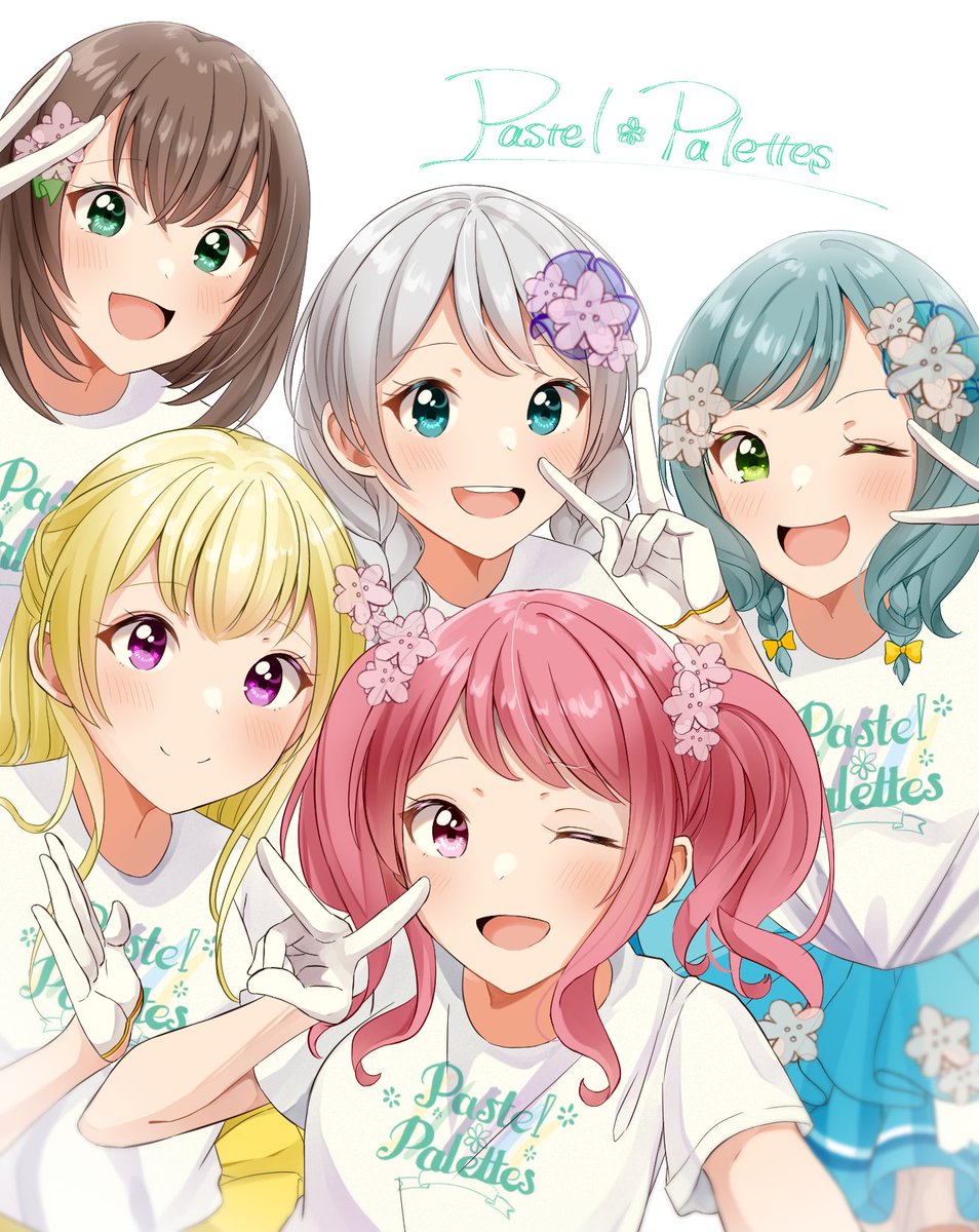 maruyama aya ,shirasagi chisato multiple girls one eye closed blonde hair 5girls smile hair ornament pink hair  illustration images
