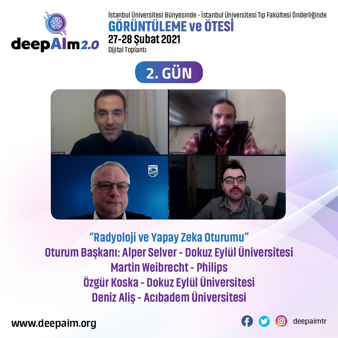 DeepaimTr's tweet photo. DİJİTAL TOPLANTIMIZIN 2. GÜN CANLI YAYININDAN KARELER.

Tüm Katılımcılarımıza Teşekkür Ederiz.

#deepaim2021 #yapayzeka #artificialintelligence #radiology #görüntülemesistemleri #dekoncongress https://t.co/Waol7oeV4Q