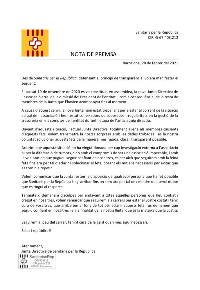 SanitarisxRep (@sanitarisxrep) on Twitter photo 🔴COMUNICAT🔴
Des de la nova Junta de SxR fem públic aquest comunicat envers la nostra entitat. 🔴COMUNICAT🔴
Des de la nova Junta de SxR fem públic aquest comunicat envers la nostra entitat.