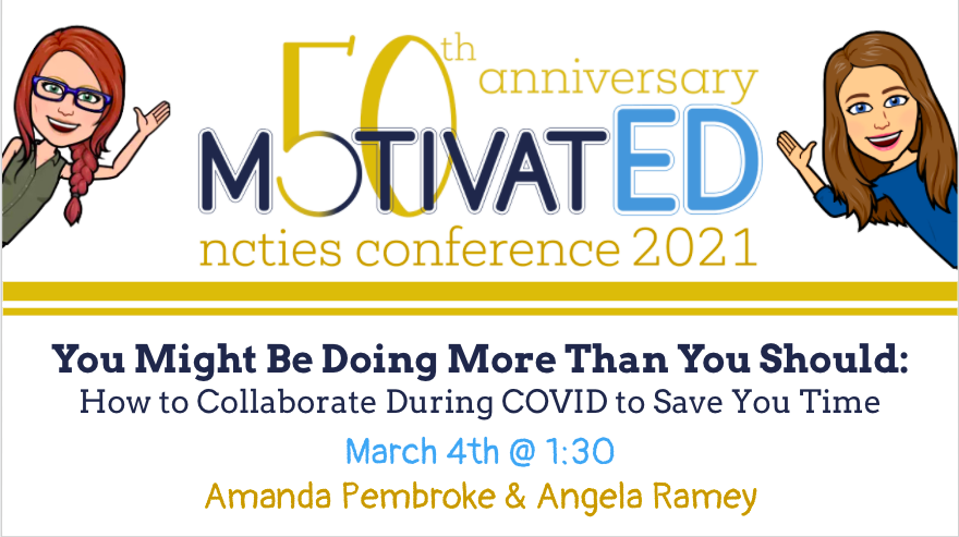 PembrokeAmanda's tweet photo. This is the week! Join me and @rameyac on Thursday at 1:30 to hear how to #collaborate with students & each other to save YOU time! Register at https://t.co/08qlFbiFAr #ncties2021 #ncbold #nced #ncdln #rssconnects https://t.co/JbjMmYG68E