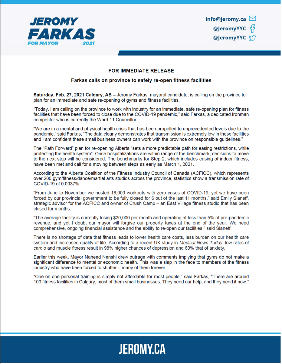 JeromyYYC's tweet photo. RELEASE: It's time to safely re-open fitness facilities. We're in a mental &amp; physical health crisis brought to unprecedented levels due to COVID-19. Fitness leads to ⬇️health care costs, ⬇️ burden on mental health care system, and ⬆️ quality of life. #yyccc #ableg https://t.co/gaBGXfFlqC