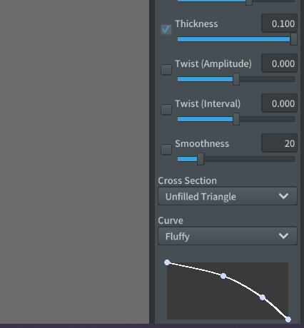 10. Making ears: Flip the guide mesh inside out by dragging the green dots up above the head. Draw big hairs and set the cross-section to "unfilled triangle". After that you can change the shape of the ears by editing the curve graph. 1/2