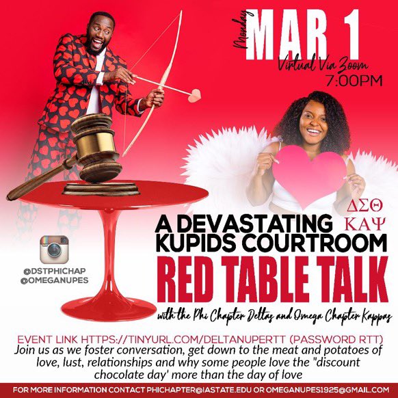 Join us as we partner with the Omega Chapter of Kappa Alpha Psi Fraternity, Inc. as we host a conversation surrounding love, lust and relations in a hook-up culture. Hope to see you tomorrow! 🔺💎 

tinyurl.com/deltanupertt
