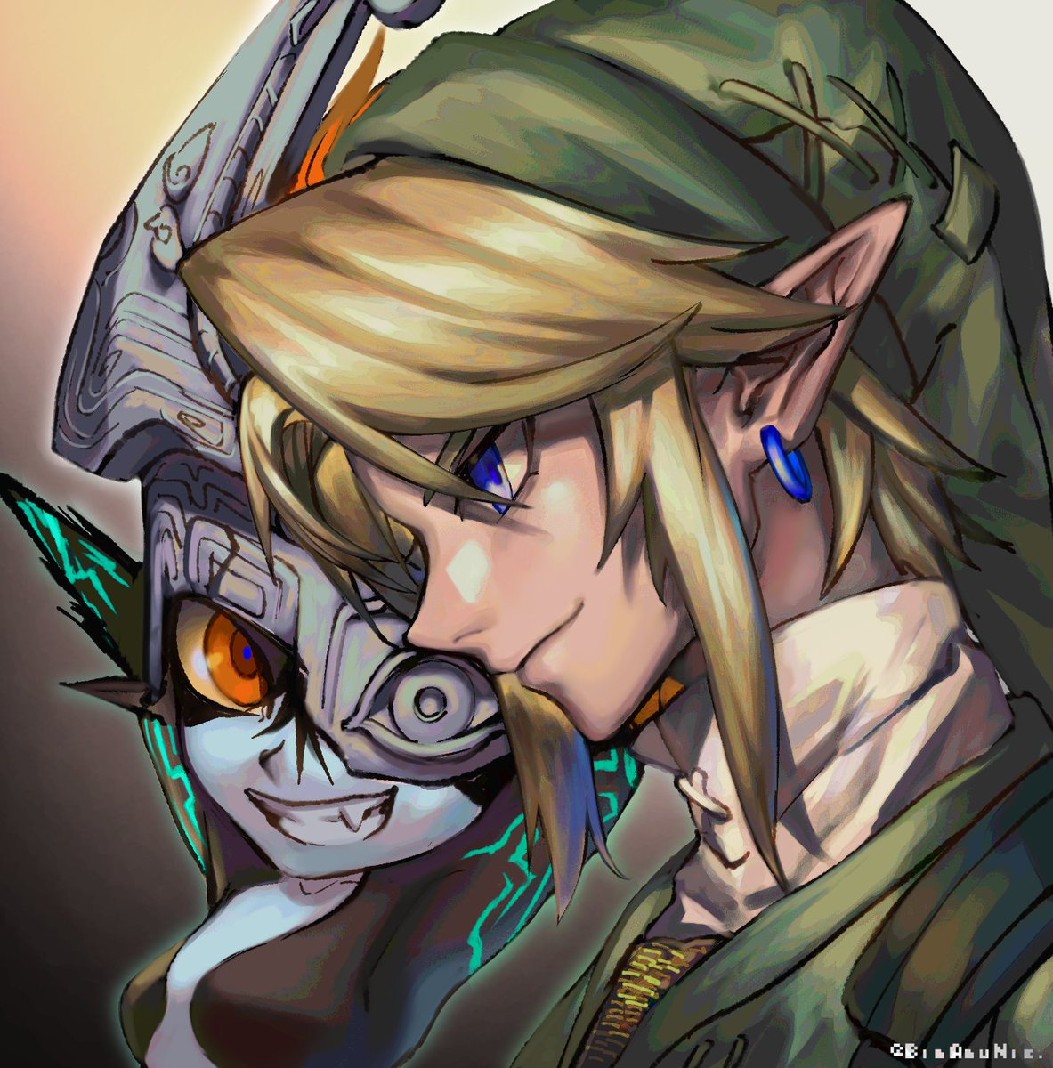 link ,midna 1boy 1girl pointy ears smile earrings jewelry blue eyes  illustration images