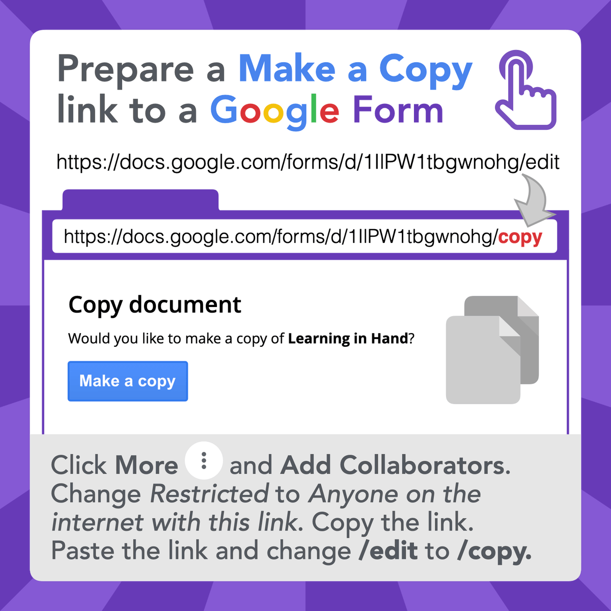 tonyvincent's tweet photo. 🟪 If you want people to be able and edit and use their own copies of your Google Form, you can prepare a Make a Copy link. 

Read more: https://t.co/QQLoTSUrgi https://t.co/TVSsckZR9m