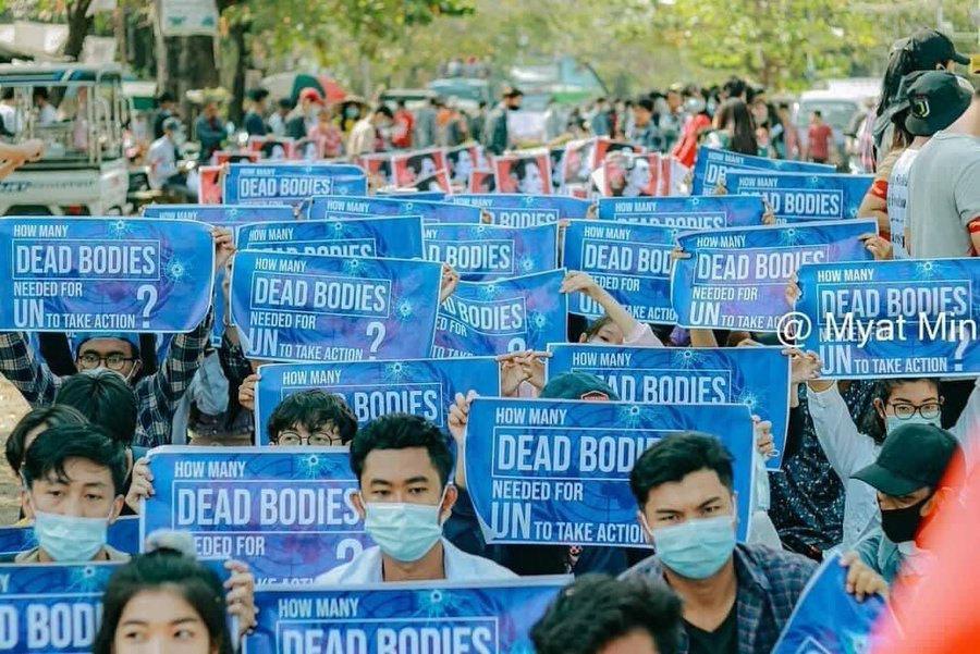 A Myanmar protester message to the Chinese government, whose veto is the main obstacle to strong UN Security Council action: "How many dead bodies needed for UN to take action?" via @YuPaingHan1