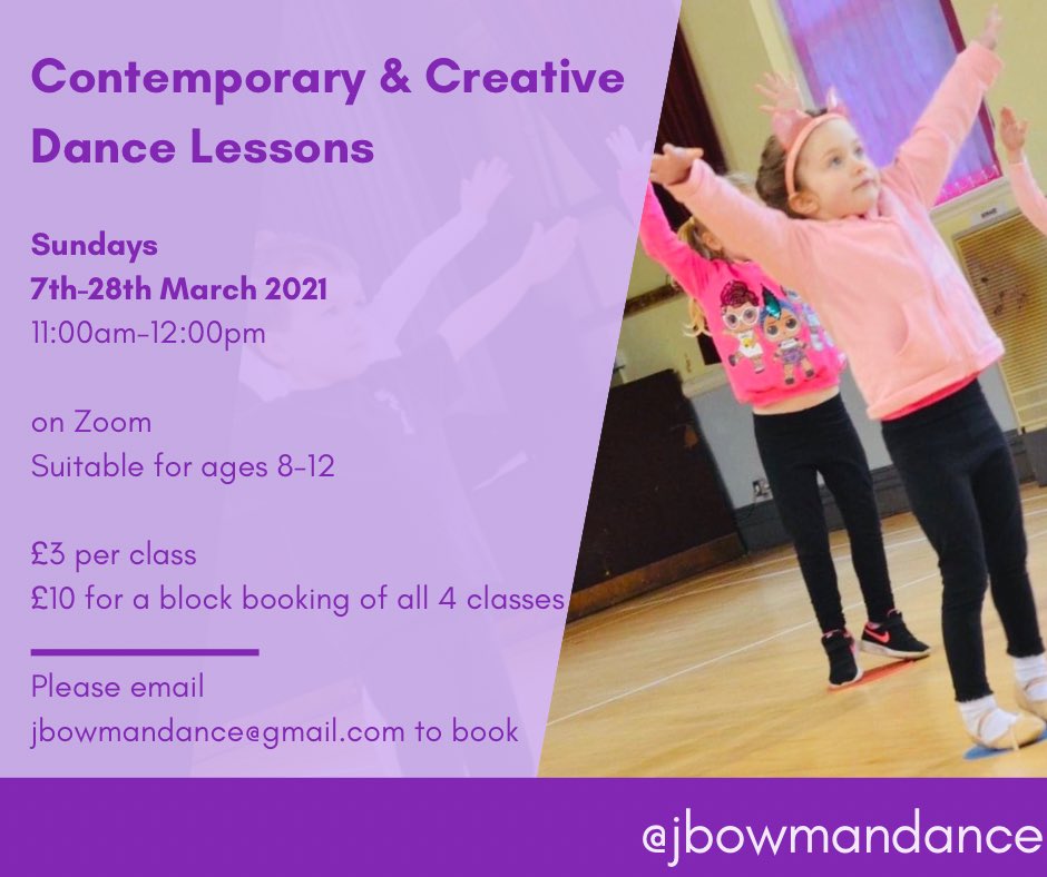 🌟NEW CLASS!🌟
As many restrictions continue this half term, we are delighted to offer this new creative dance class on Sundays throughout March to help keep children moving &amp; engaged in creativity. 
📩 To book a place or for more information, please email jbowmandance@gmail.com