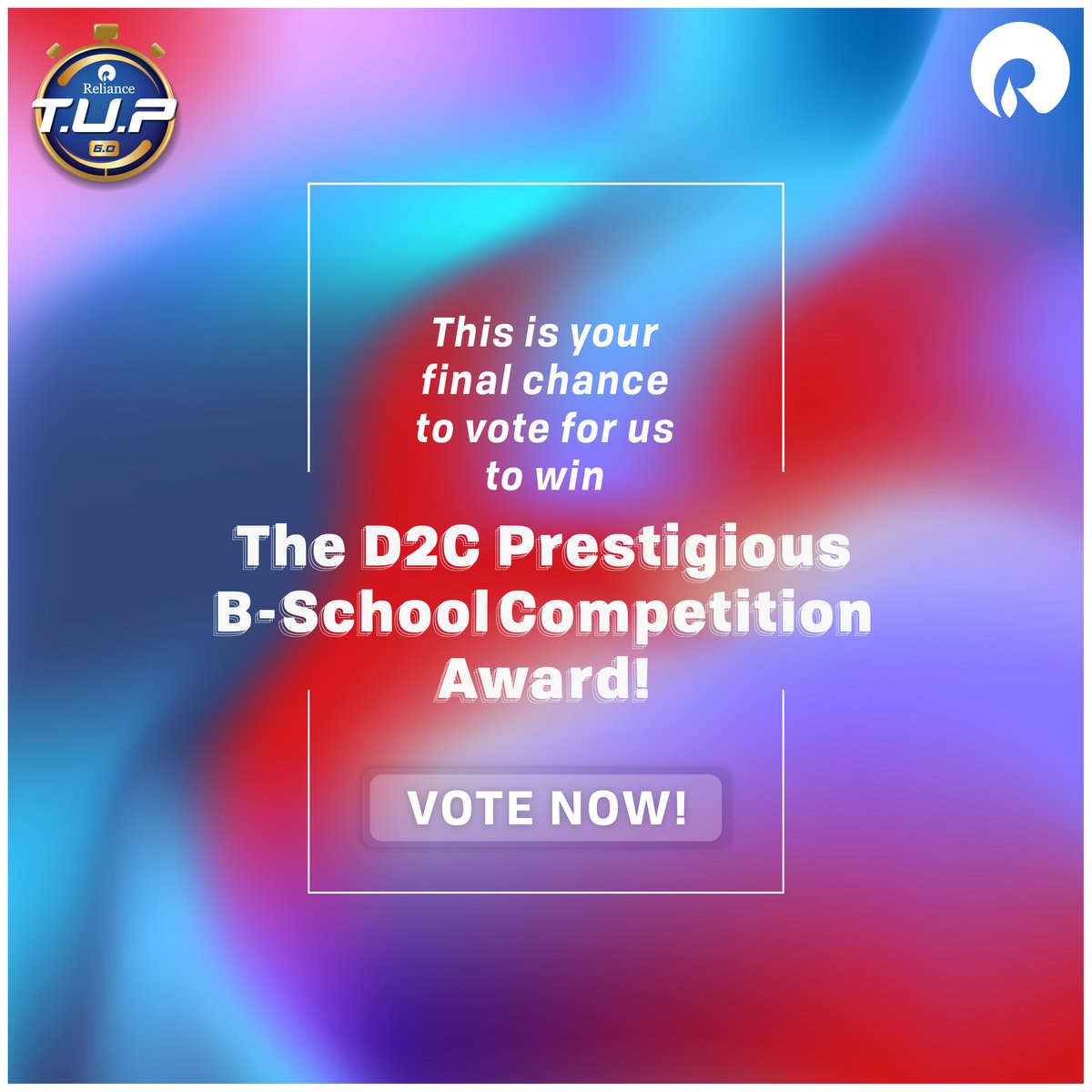 RILCampus's tweet photo. Cast your vote and help us get closer to winning the D2C prestigious competition award. Here's your gentle reminder!
Vote now: https://t.co/lcnz4symE8
#WEvolve #TUPEvolve #RelianceTUP #TUP #TUPSixthEdition #Reliance #RILWayOfLife #RIL #TUPLife #TheUltimatePitch #TUPGrandFinale https://t.co/3XgvsPIdqc