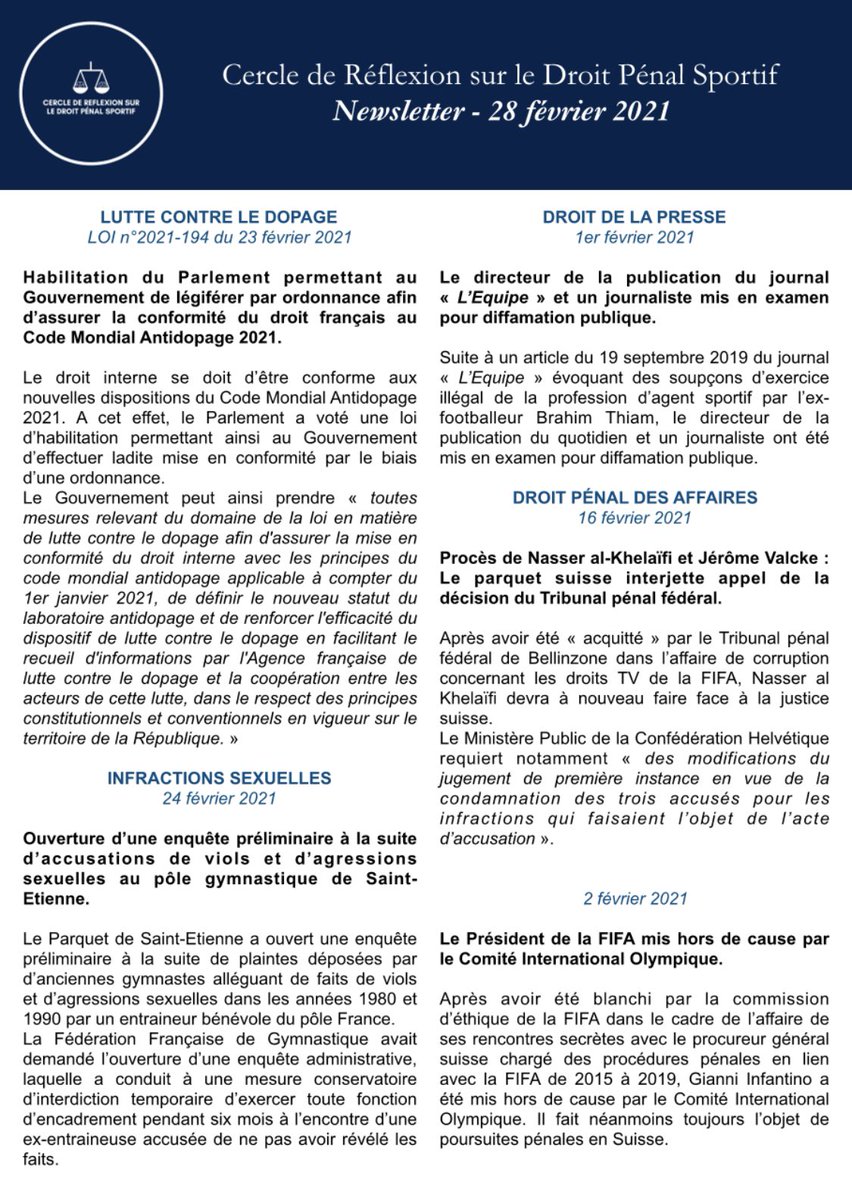 PenalSport's tweet photo. Découvrez notre première newsletter contenant les principales informations en matière de droit pénal dans le sport ! ⚖️⚽️

➡️ https://t.co/CPCxA6xc4s https://t.co/HOH3TqCM1c