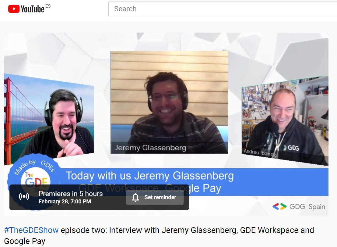 andreuibanez's tweet photo. Join me and @VictorSanchez at 19:00 CET (10:00 PST) for the Youtube premiere of #TheGDEShow Ep.2 with @jglassenberg, @GoogleDevExpert Workspace and Pay, to listen about his interesting work experiences, next to our intro about #GoogleIO 2021 @IOweekproject https://t.co/tzW0b4i2eO https://t.co/dM8Lob0hjx