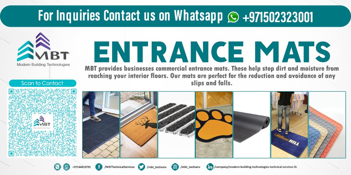 mbt_techserv's tweet image. wa.me/9710502323001
For Inquires, Contact us on Whatsapp
Entrance Mats by Modern Building Technologies

#EntranceMats #IndoorMats #OutdoorMats #MatsByRoll #MatsWithLogo #MatsWithAluminiumRails #MatsToShape #HoneyCombMats #mbtdubai #mbt_techserv #ModernBuildingTechnologies