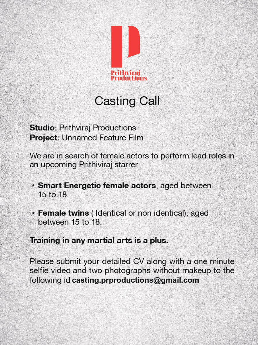 PrithviOfficial's tweet photo. @PrithvirajProd Casting Call! 😊 https://t.co/I9wwXuOQYI