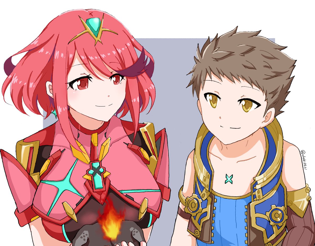 ホムラ(ゼノブレイド2) ,レックス(ゼノブレイド2) 「ホムラの炎は綺麗で温かいなぁ 」|えりんぎのイラスト