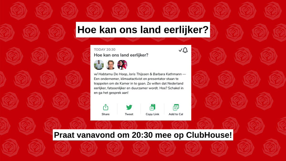 “Hoe kan ons land eerlijker?” 

Praat vanavond om 20:30 mee over een #EerlijkeToekomst op <a href="/joinClubhouse/">Follow @Clubhouse</a>. Samen met <a href="/HabtamudeHoop/">Habtamu de Hoop</a> en <a href="/Joris_PvdA/">Joris Thijssen</a> gaan we graag het gesprek hierover met jullie aan! <a href="/PvdA/">Partij van de Arbeid</a>🌹 👇joinclubhouse.com/event/xprlVlLm