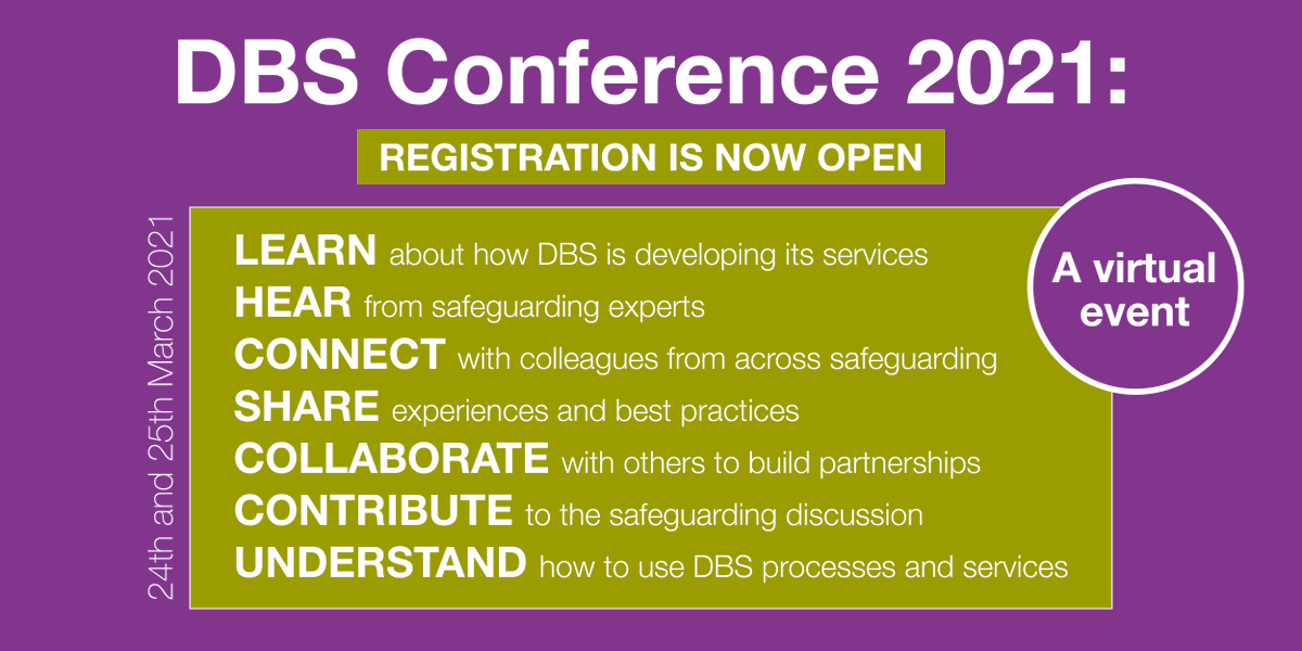 DBSgovuk's tweet photo. Have you signed up to the #dbsconference yet? The virtual event is set to take place March 24th and 25th. #makerecruitmentsafer
Speakers and facilitators include @TheCPSU, @DomHeadley, @educationgovuk & @SFITogether. ๐
https://t.co/4E88QkaXet https://t.co/y7UpyTwKYR