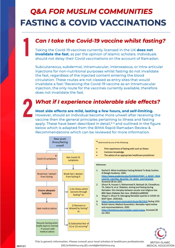💬 The British Islamic Medical Association has advised that 'taking the Covid-19 vaccines currently licensed in the U.K does not invalidate the fast during #Ramadan as per the opinion of the majority of Islamic scholars.'

ℹ️ Access BIMA resources at: britishima.org/operation-vacc…
