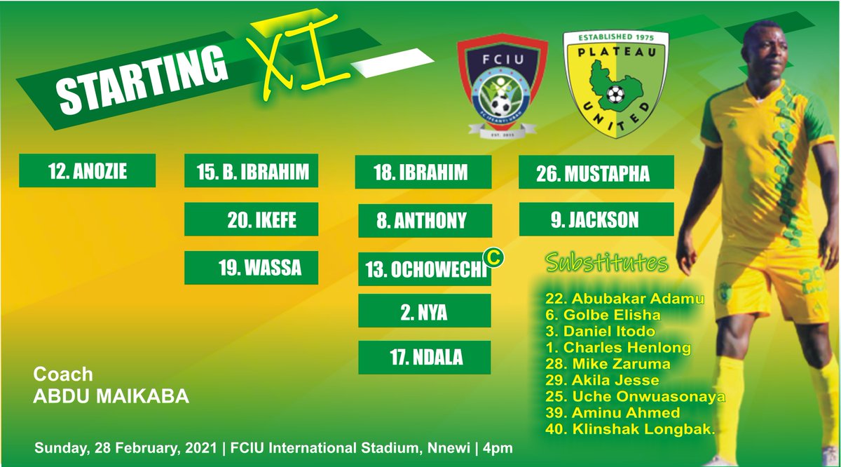 plateau_united's tweet photo. How we line up against @FCIfeanyiUbah 
Jackson is back in the starting line-up. 

A return for Daniel Itodo but will have to make do with a place on the bench. Youngster Kinshak Longbak is also on the bench.

Kick-off is 4pm

#IFEPLA
#PeaceBoys
#KeepTheFaith https://t.co/CZZ8XHhMnu