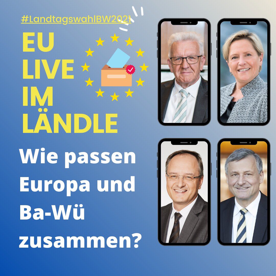 #euliveimländle
Wir haben die Spitzenkandidat*innen gebeten, uns ein Statement zukommen zu lassen und uns zu erklären, wie Europa und Ba-Wü zusammenpassen. 
01.03. Winfried Kretschmann (Grüne)
03.03. Susanne Eisenmann (CDU
08.03. Andreas Stoch (SPD)
10.03. Hans-Ulrich Rülke (FDP)