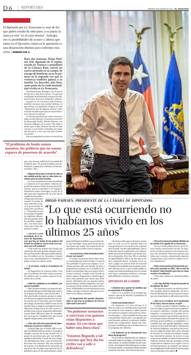 🔴Buen día, les comparto la entrevista que hoy publica <a href="/ElMercurio_cl/">elmercurio_cl</a> en su cuerpo de #Reportajes donde hablamos sobre la realidad que vivimos en #LaAraucanía 
bit.ly/3ktyObT #BuenDomingo #QuedateEnCasa