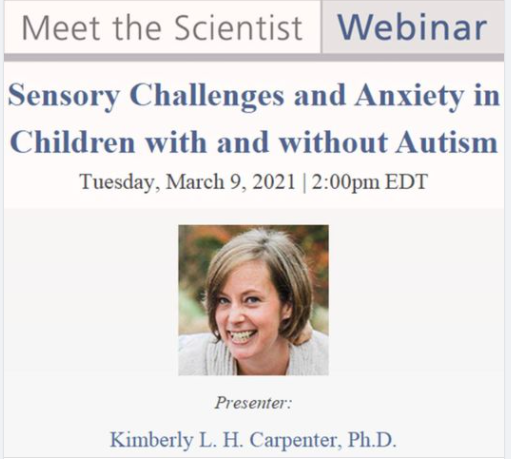 #BBRFWebinar Meet the #scientist! Our <a href="/DukeU/">Duke University</a> Center for #Autism #neuroscientist Dr. Kimberly Carpenter shares "Sensory Challenges &amp; #Anxiety in Children w/ &amp; w/o #Autism - March 9th 2pm EST- Register at ow.ly/2Dyn50DJhey - <a href="/DukePsychiatry/">Duke Psychiatry & Behavioral Sciences</a> #mentalhealth