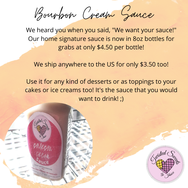 g_occasions's tweet photo. We have a new baby and we know how much you want it -- BOURBON CREAM SAUCE now up for grabs for only $4.50 per 8oz bottle! Not within the metro? No worries, add $3.50 and we will ship it to your front door! #bourbonsauce #dessertdips #dessertday #bakersauce https://t.co/cwjBtw7qPW