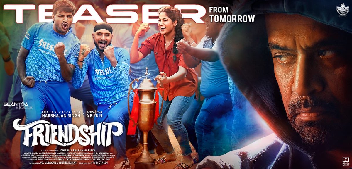 JSKfilmcorp's tweet photo. #FriendshipMovie Teaser is Ready. All set to entertain you all From Tomorrow.
#FriendShipSummer it is!! 
@harbhajan_singh @JPRJOHN1 @akarjunofficial @shamsuryastepup #Losliya @actorsathish ⁦⁦⁦@iamsaravanaa⁩ https://t.co/k9MZJ2pYHP