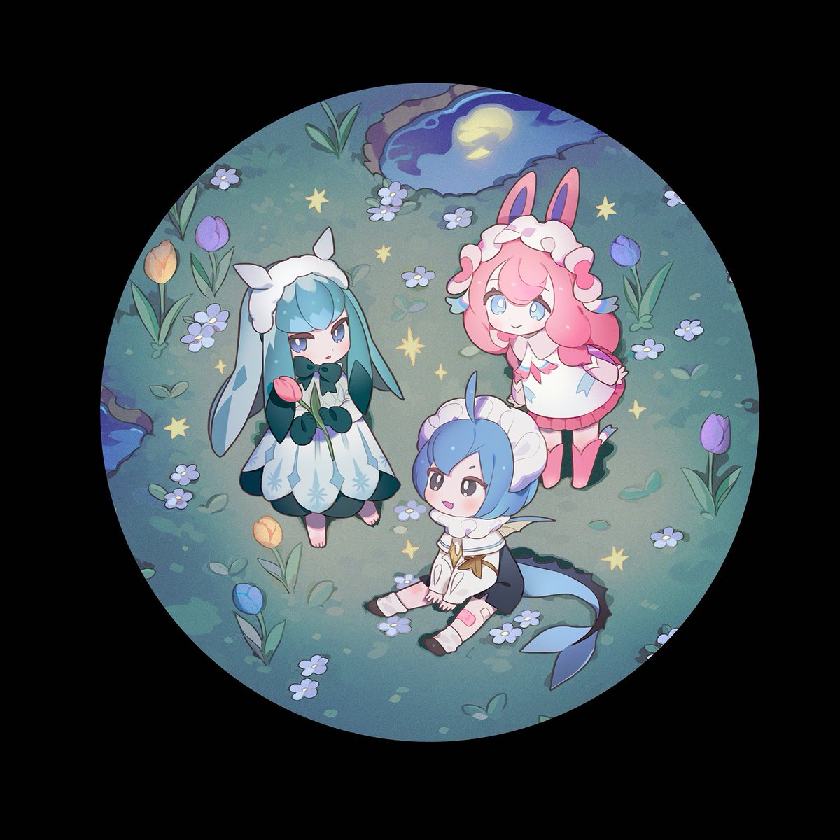 glaceon ,sylveon ,vaporeon 3girls multiple girls pink hair blue hair dress personification tail  illustration images