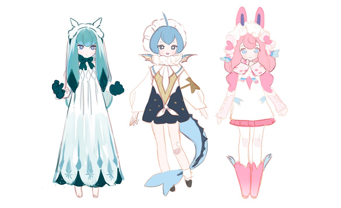 glaceon ,sylveon ,vaporeon 3girls multiple girls pink hair blue hair dress personification tail  illustration images