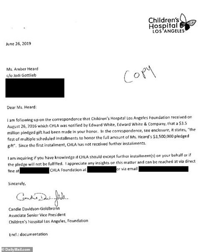 The charities, Children's Hospital Los Angeles and the ACLU were subpoenaed. The above clip is from an interview in October of 2018, she clearly states it has ALL been donated. In June of 2019 CHLA is asking where the money is. They only received the $100k that Johnny gave them.
