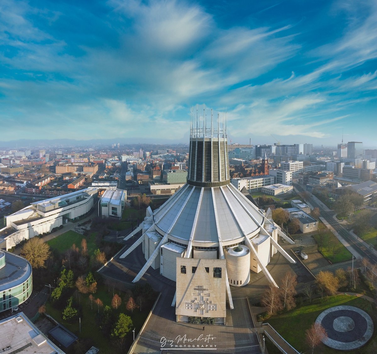 Good morning, #Liverpool Metropolitan Cathedral. #Paddyswigwam @LiverpoolMet #liverpoolcathedral #liverpoolcity #cathedral #sunrise @ExploreLpool @TheGuideLpool @LiverpoolTweeta @YOLiverpool @scousescene @VisitLiverpool @Beau_Liverpool #aerialphotography #dronephotography